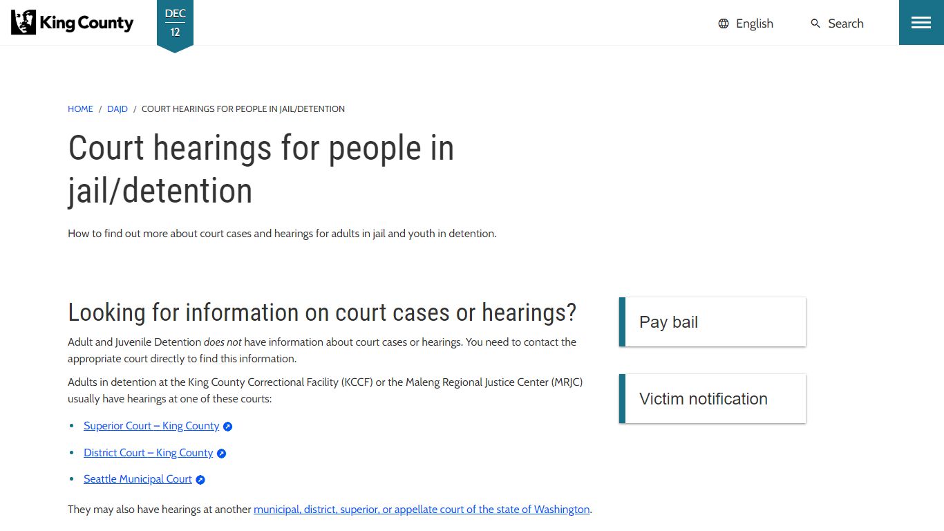 Court hearings for people in jail/detention - King County, Washington